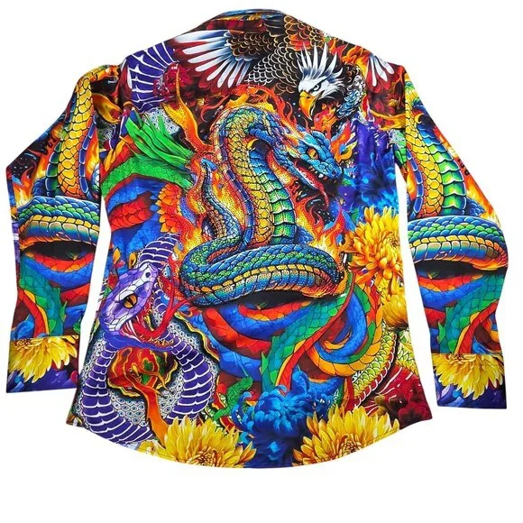 Barabas Mens Vibrant Dragon & Chrysanthemum Long Sleeve Shirt Small Rhinestones - Picture 3 of 10